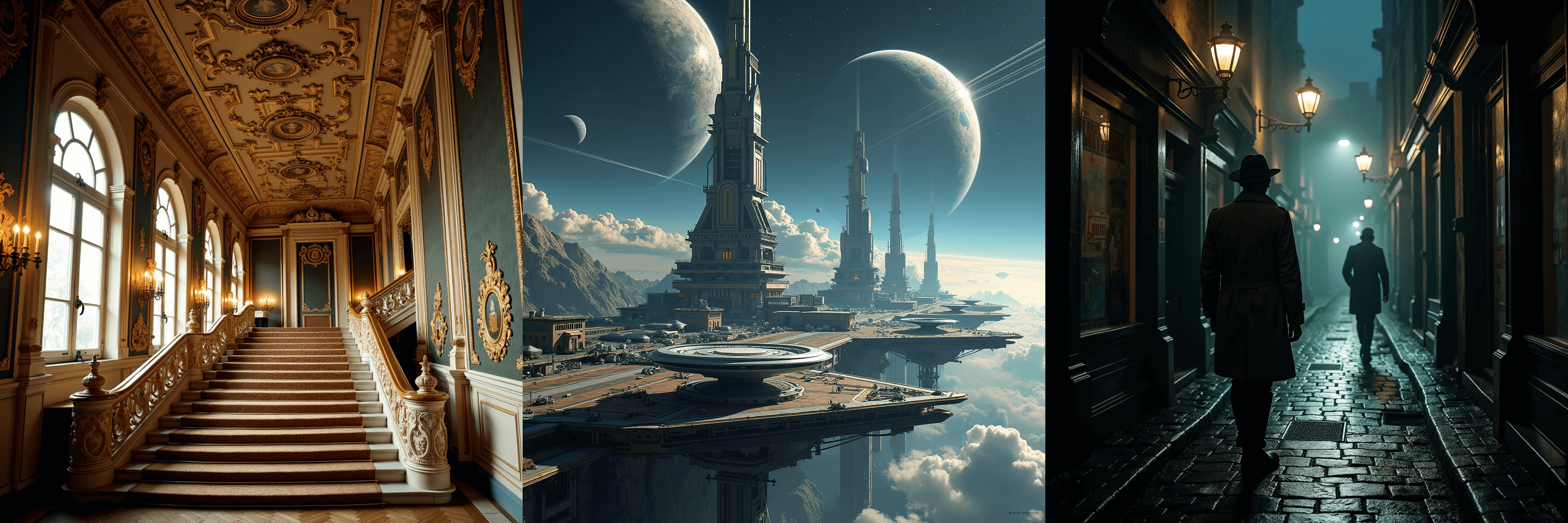 Flux-dev output with BnB 8-bit: Baroque, Futurist, Noir styles